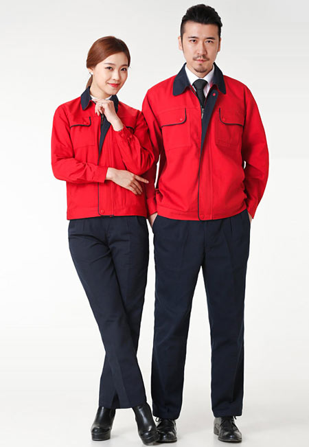 紅色藍(lán)領(lǐng)長袖工作服定做款式價格