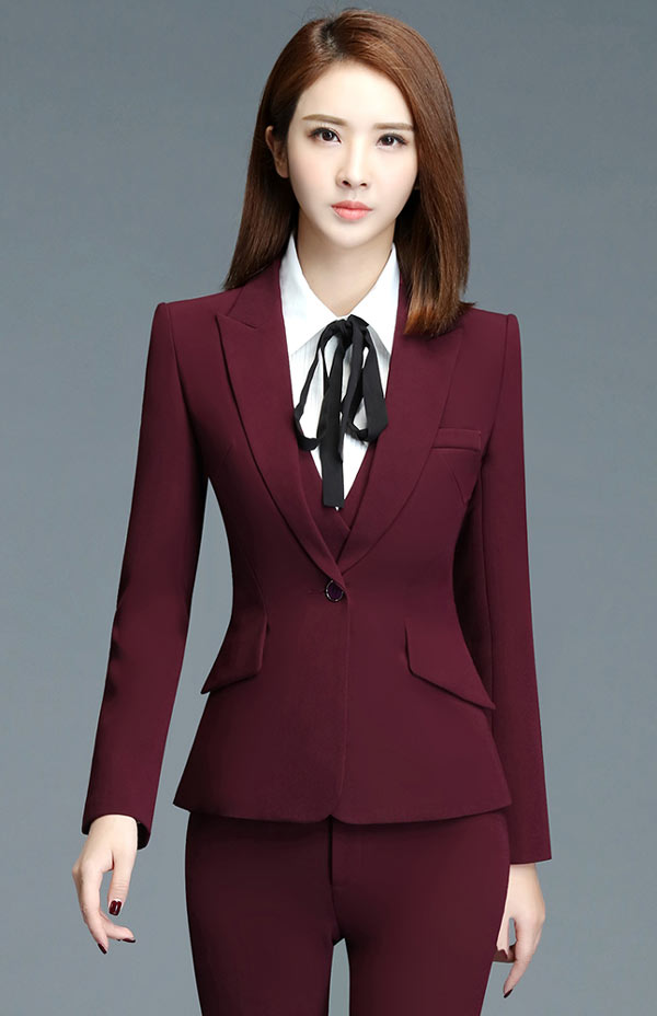 酒紅色時(shí)尚女職業(yè)西裝定制款式特寫圖