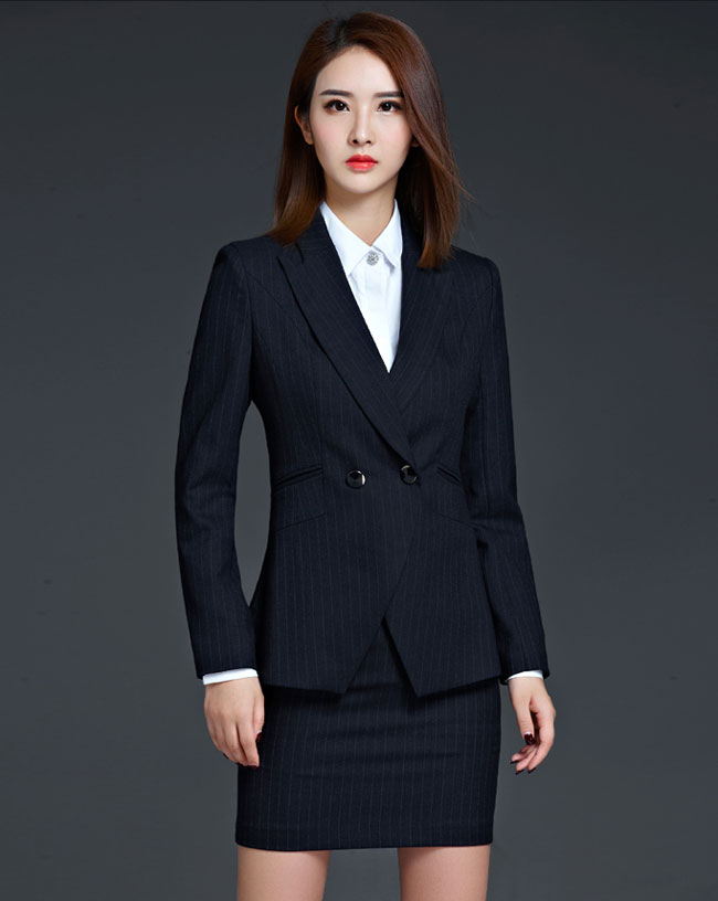 黑色條紋女職業套裝配裙子款式效果圖