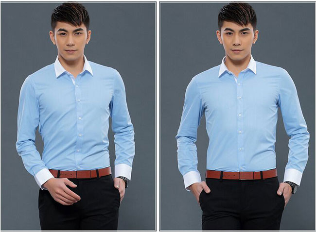 淺藍(lán)配白色領(lǐng)職業(yè)襯衫工作服訂做模特效果圖片