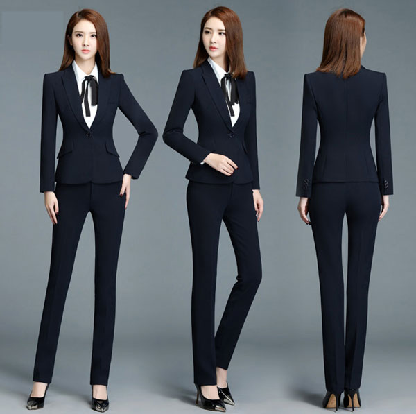 深藍色女職業套裝前后效果展示圖