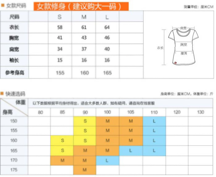 純棉短袖t衫定做女款規格尺寸快速選擇圖表